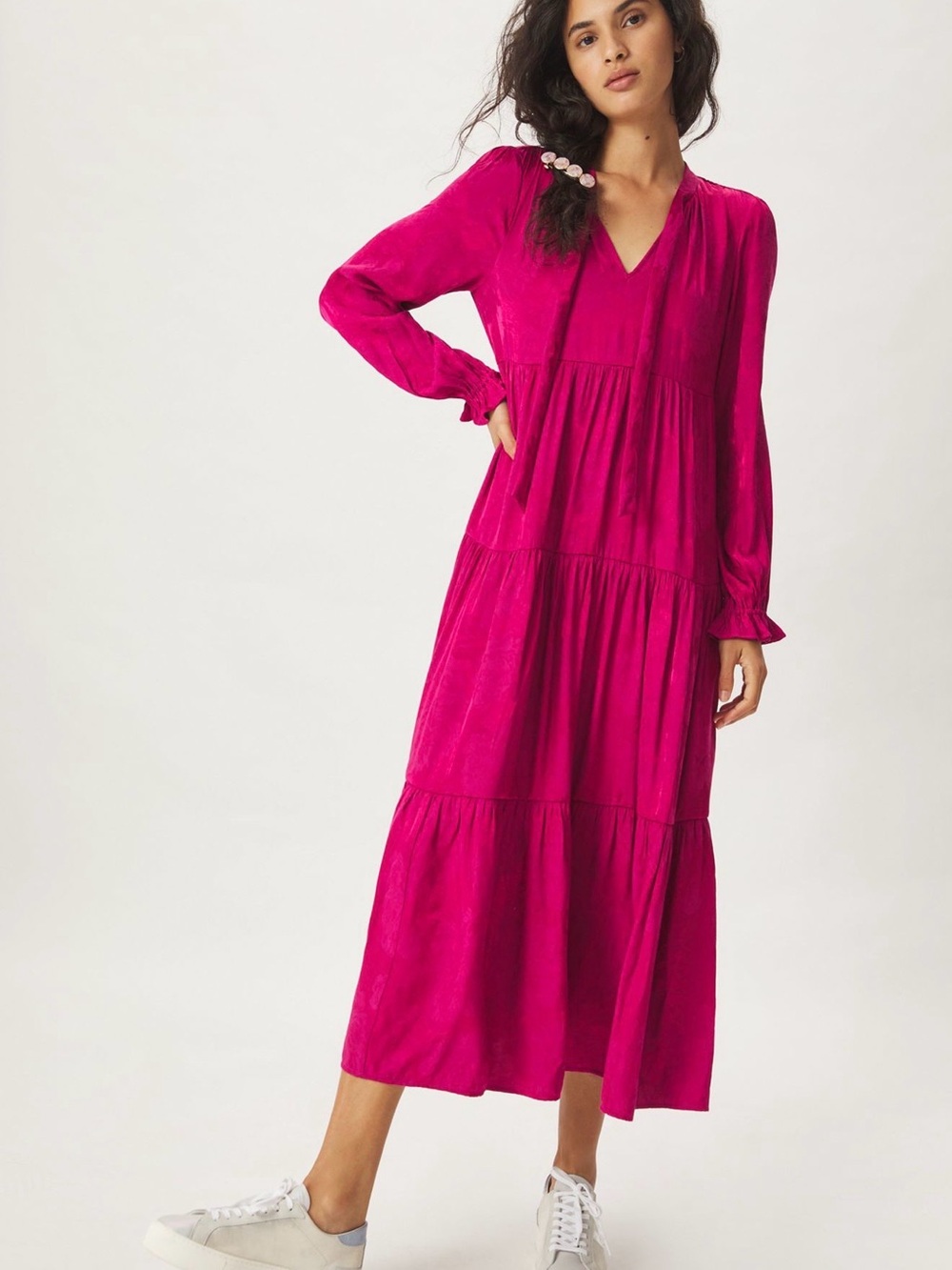 Maeve Magenta Tiered V‑Neck Maxi Dress